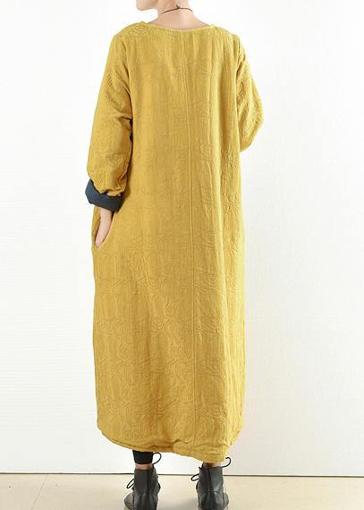 Unique Yellow Cotton Clothes Thick Warm Maxi O Neck Dresses