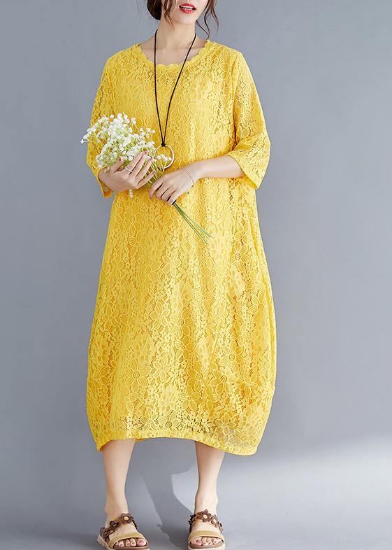 Unique Yellow Cotton Outfit Indian Sleeve Half Sleeve O Neck Maxi Summer Dresses