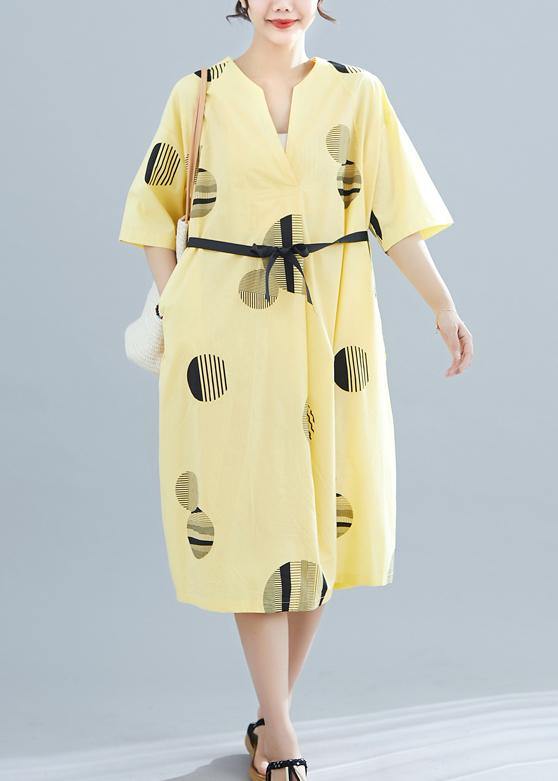 Unique Yellow Dotted Cotton Linen Clothes for V Neck Half Sleeve Daily Summer Dress