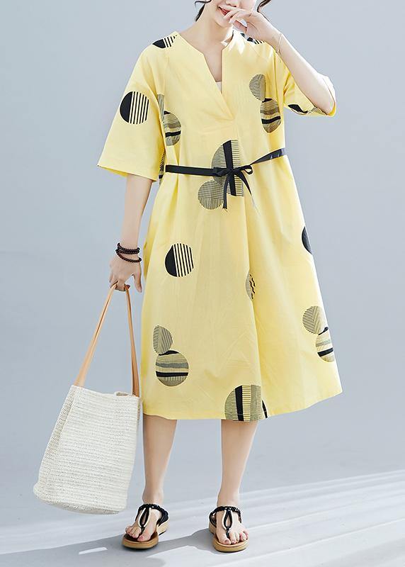Unique Yellow Dotted Cotton Linen Clothes for V Neck Half Sleeve Daily Summer Dress