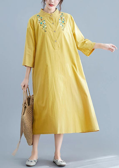 Unique Yellow Embroidery Cotton Clothes Stand Collar Pockets Summer Dress