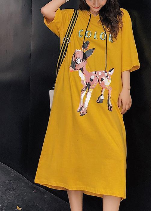 Unique Yellow Print Cotton Quilting Dresses Indian Shape O Neck Half Sleeve Kaftan Summer Dress