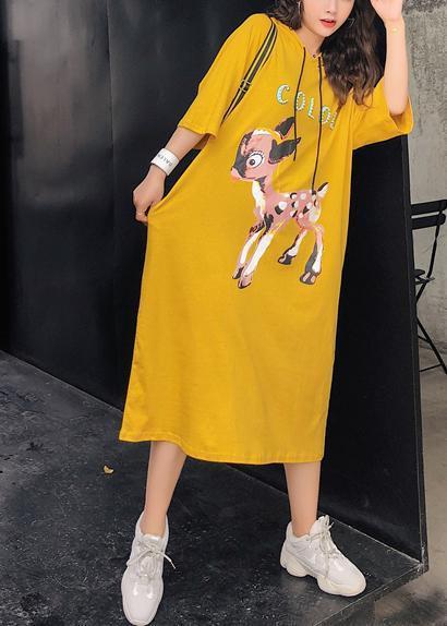 Unique Yellow Print Cotton Quilting Dresses Indian Shape O Neck Half Sleeve Kaftan Summer Dress