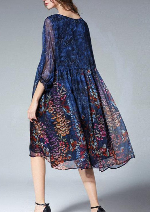 Unique Blue Print Tunic Pattern O Neck Cinched Summer Dresses
