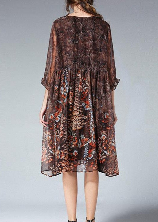 Unique Blue Print Tunic Pattern O Neck Cinched Summer Dresses
