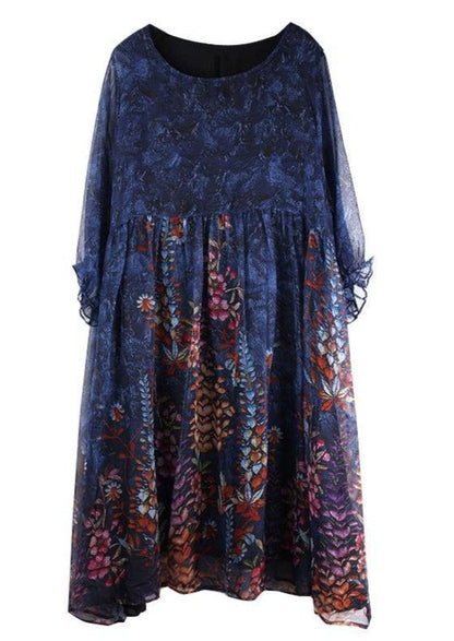 Unique Blue Print Tunic Pattern O Neck Cinched Summer Dresses