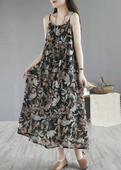 Unique Khaki Cotton Quilting Dresses O Neck Cinched Maxi Summer Dresses