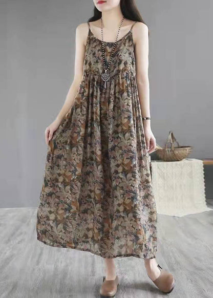 Unique Khaki Cotton Quilting Dresses O Neck Cinched Maxi Summer Dresses