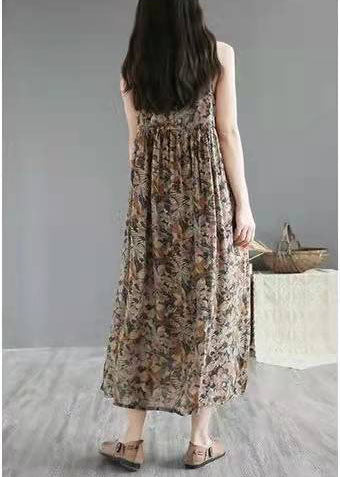 Unique Khaki Cotton Quilting Dresses O Neck Cinched Maxi Summer Dresses