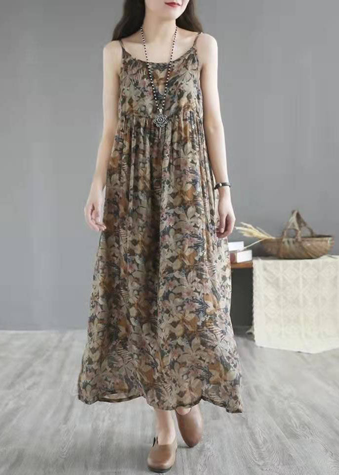 Unique Khaki Cotton Quilting Dresses O Neck Cinched Maxi Summer Dresses