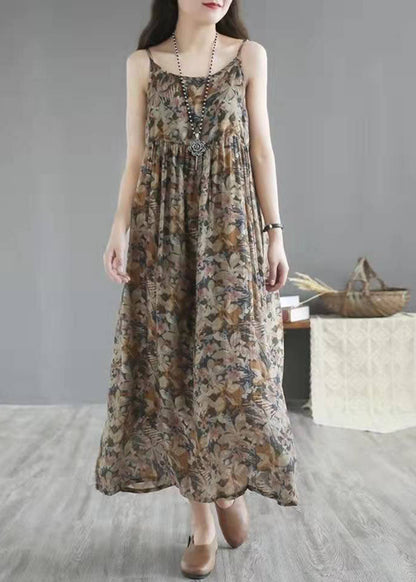 Unique Khaki Cotton Quilting Dresses O Neck Cinched Maxi Summer Dresses