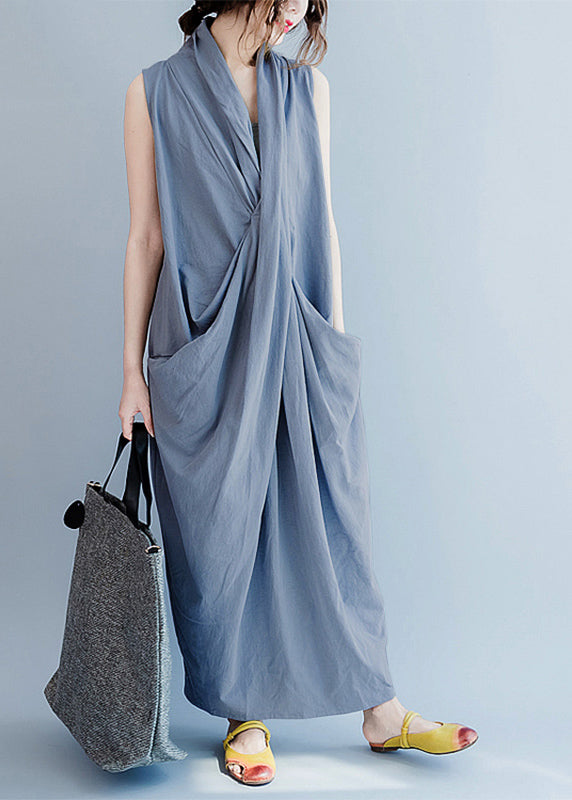 V Neck Sleeveless Loose Long Dress Split Hem White Flowers Long Tank