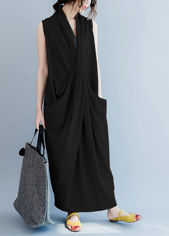 V Neck Sleeveless Loose Long Dress Split Hem White Flowers Long Tank