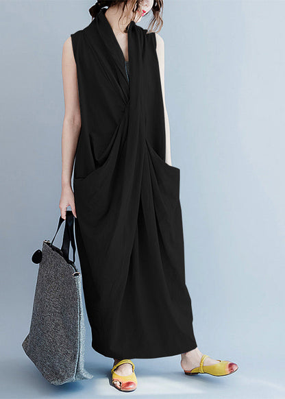 V Neck Sleeveless Loose Long Dress Split Hem White Flowers Long Tank