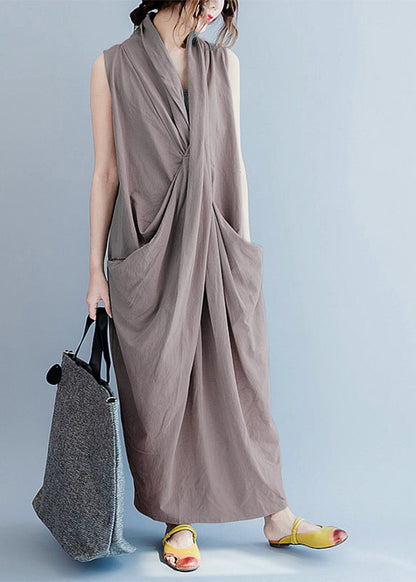 V Neck Sleeveless Loose Long Dress Split Hem Purple Polka Dots Long Tank