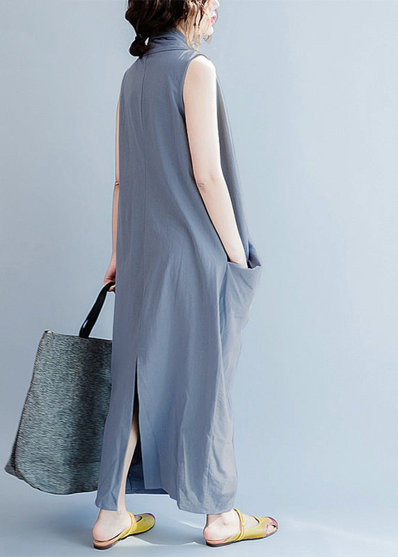 V Neck Sleeveless Loose Long Dress Split Hem White Flowers Long Tank
