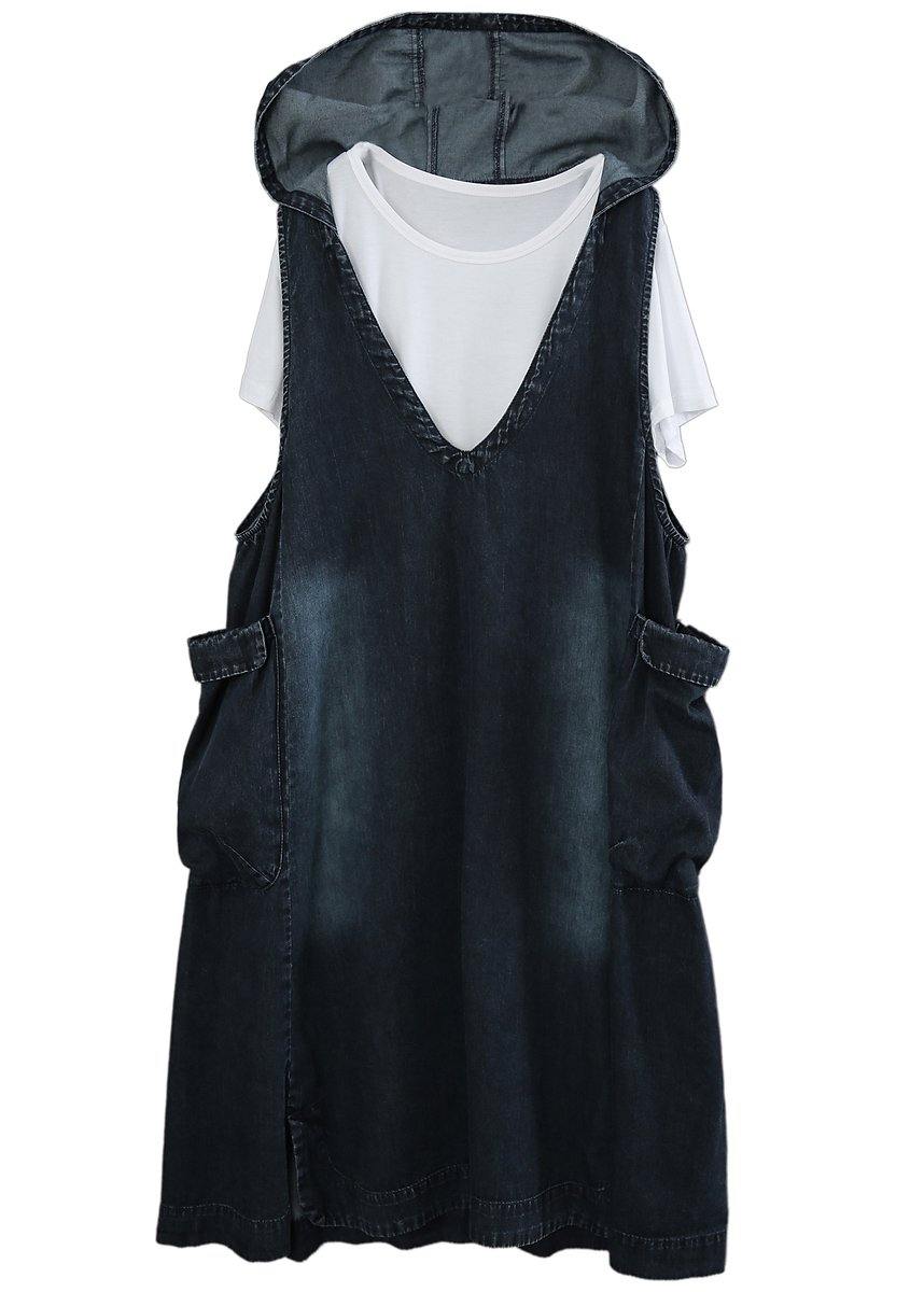 V-neck Denim Dress Double Pocket Loose Large T-shirt Two Piece Set