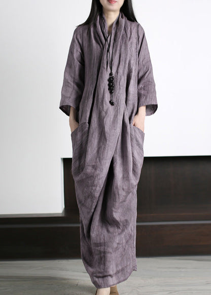 Vetro Blue V Neck Print Wrinkled Asymmetrical Linen Maxi Dress Long Sleeve