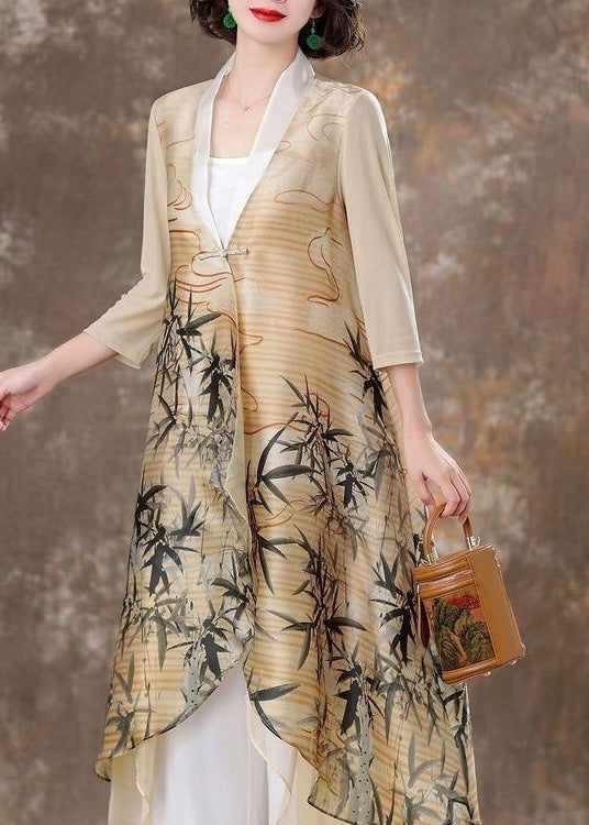 Apricot Asymmetrical Print Chinese Button Silk Cardigan Fall