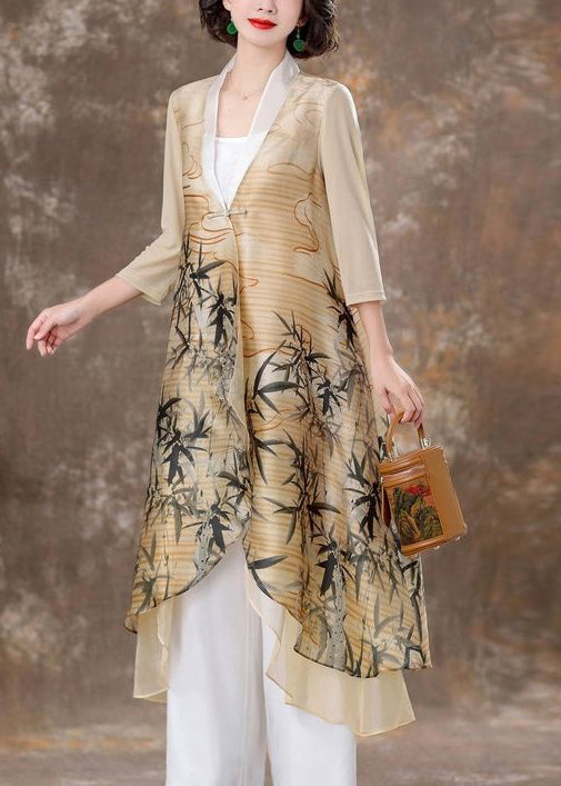 Apricot Asymmetrical Print Chinese Button Silk Cardigan Fall
