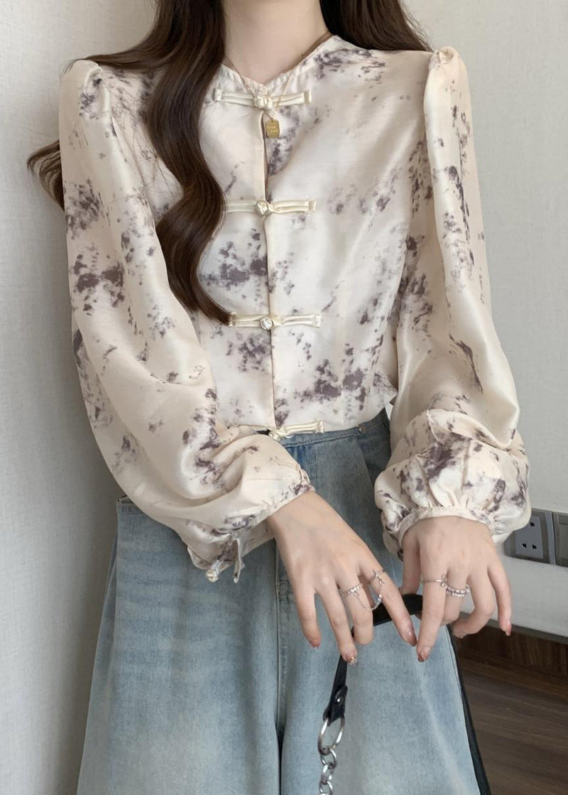 Apricot Chinese Button Tie Dye Silk Blouse Top Fall