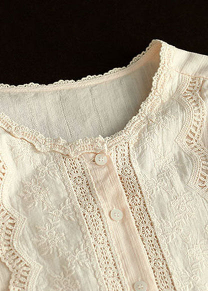 Apricot Hollow Out Embroideried Patchwork Cotton Blouses Summer