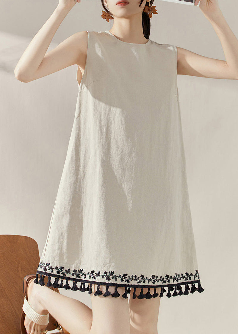 Apricot O-neck Embroidered Tassel Mid Dress Summer