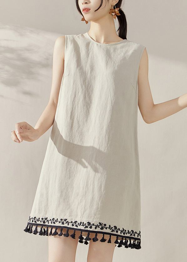 Apricot O-neck Embroidered Tassel Mid Dress Summer