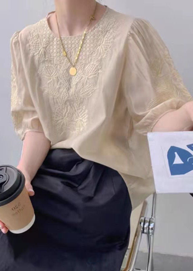 Apricot O-neck Embroideried Silk Top Puff Sleeve