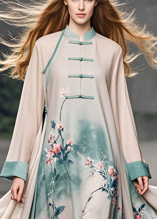 Apricot Print Chinese Button Chiffon Dress Spring