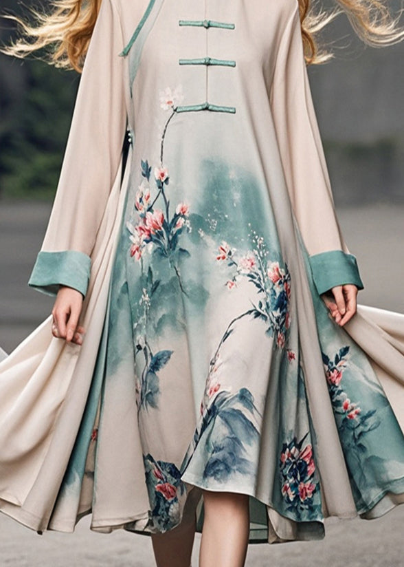 Apricot Print Chinese Button Chiffon Dress Spring