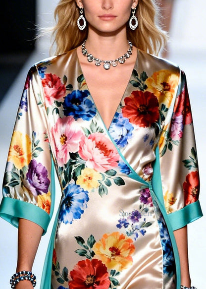 Apricot Print Tulle Patchwork Side Open Silk Dress Summer