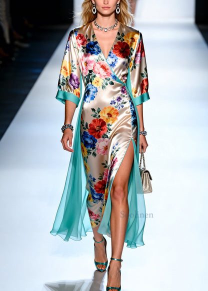 Apricot Print Tulle Patchwork Side Open Silk Dress Summer