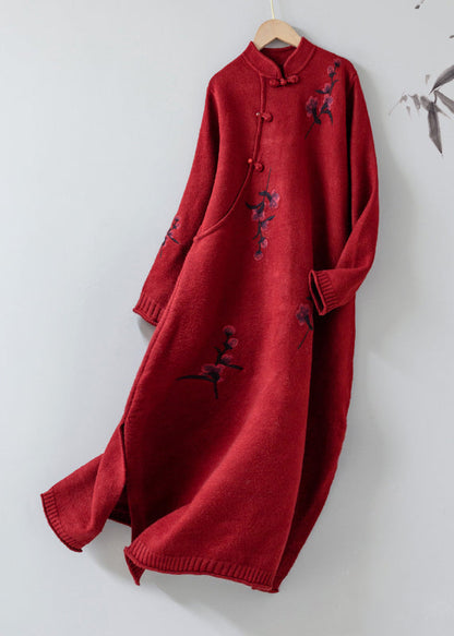 Apricot Stand Collar Embroidered Patchwork Woolen Knit Dress Fall