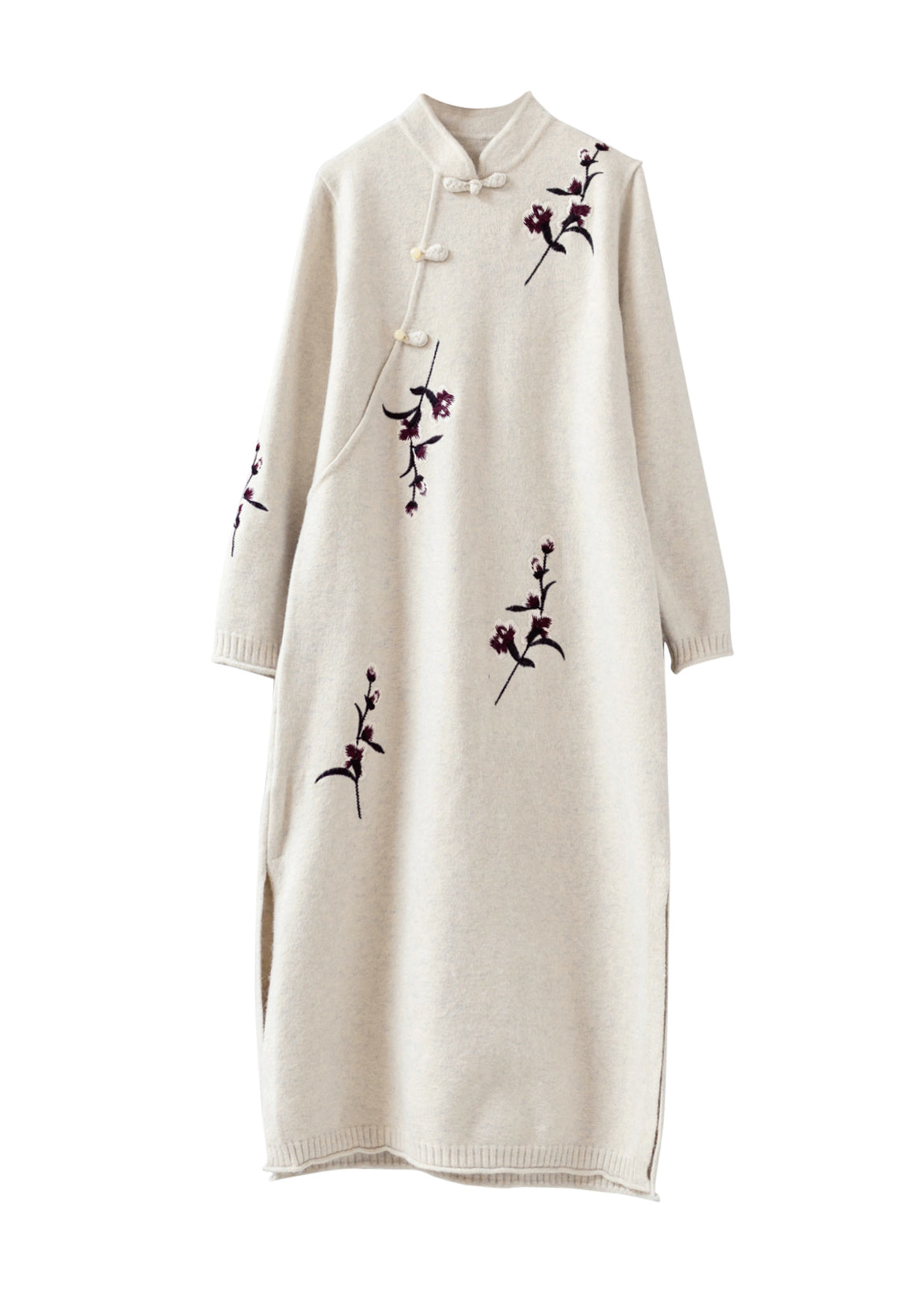Apricot Stand Collar Embroidered Patchwork Woolen Knit Dress Fall