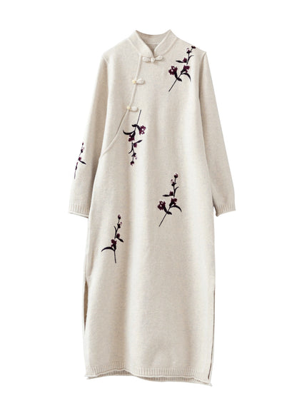 Apricot Stand Collar Embroidered Patchwork Woolen Knit Dress Fall