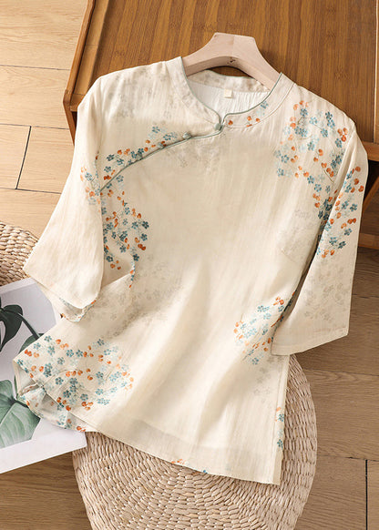 Apricot Stand Collar Print Cotton Shirt Half Sleeve