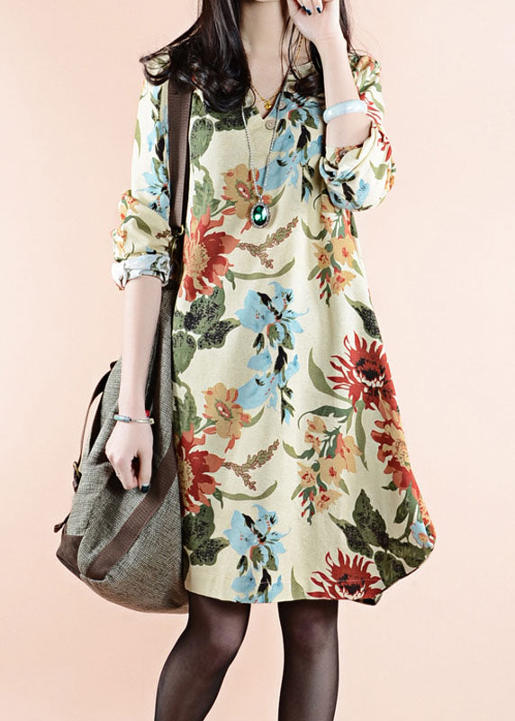 Apricot V Neck Patchwork Linen Dress Spring