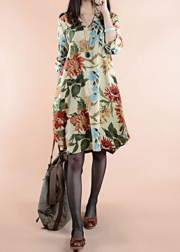 Apricot V Neck Patchwork Linen Dress Spring