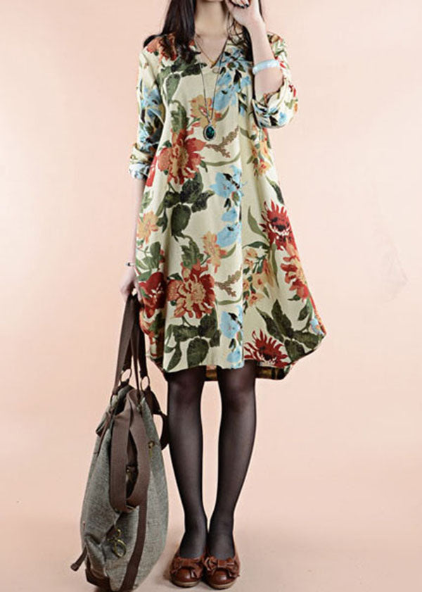 Apricot V Neck Patchwork Linen Dress Spring