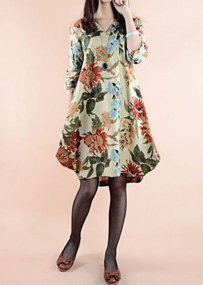 Apricot V Neck Patchwork Linen Dress Spring