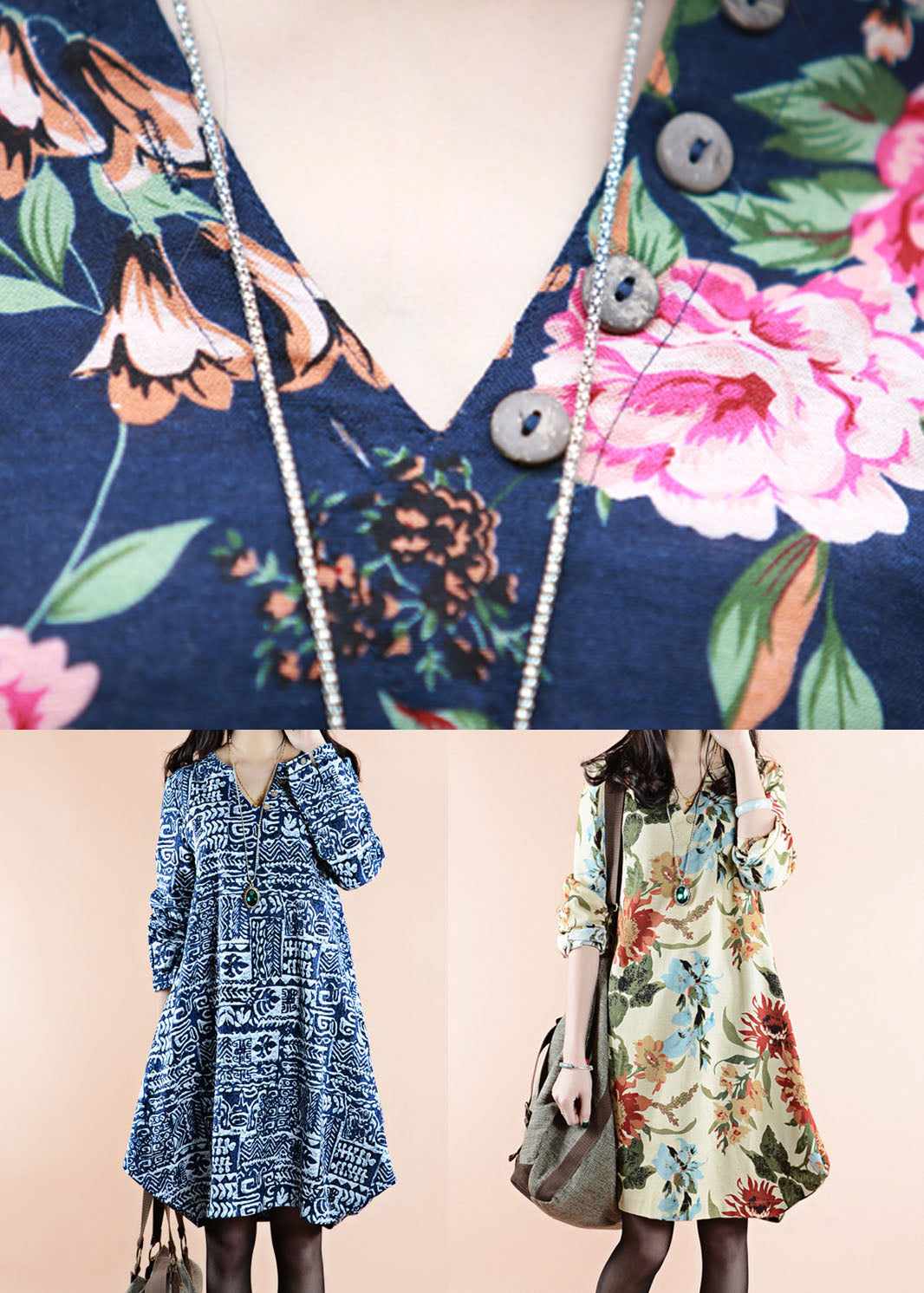 Apricot V Neck Patchwork Linen Dress Spring