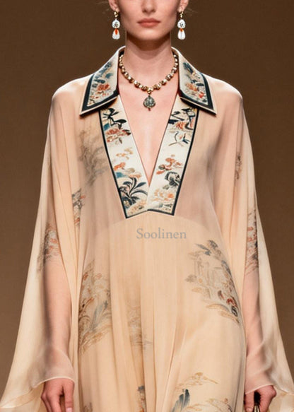 Apricot V Neck Print Chiffon Maxi Dress Summer