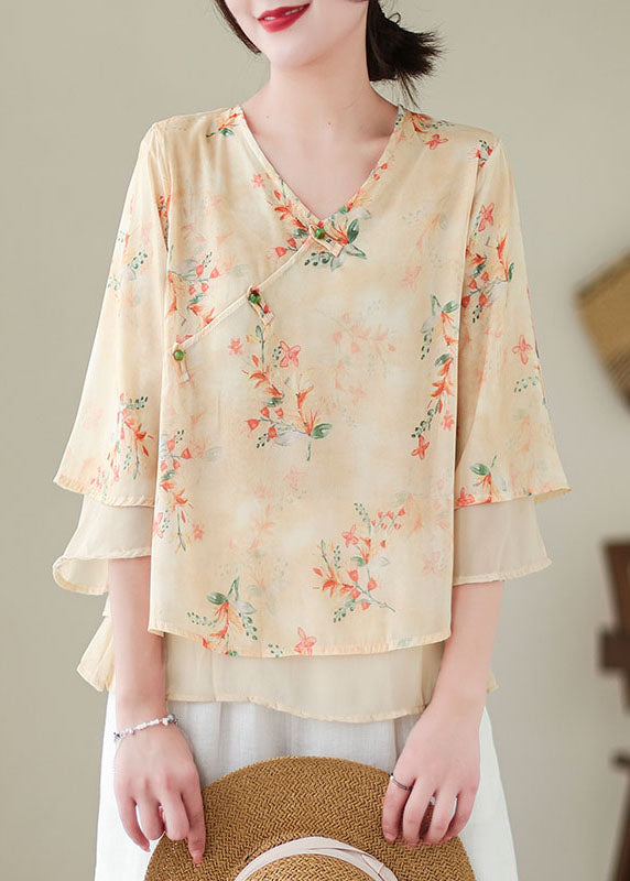 Apricot V Neck Print Patchwork Chiffon Shirt Top Summer