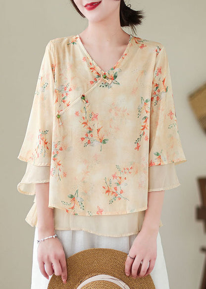 Apricot V Neck Print Patchwork Chiffon Shirt Top Summer