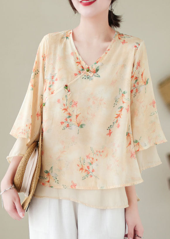 Apricot V Neck Print Patchwork Chiffon Shirt Top Summer
