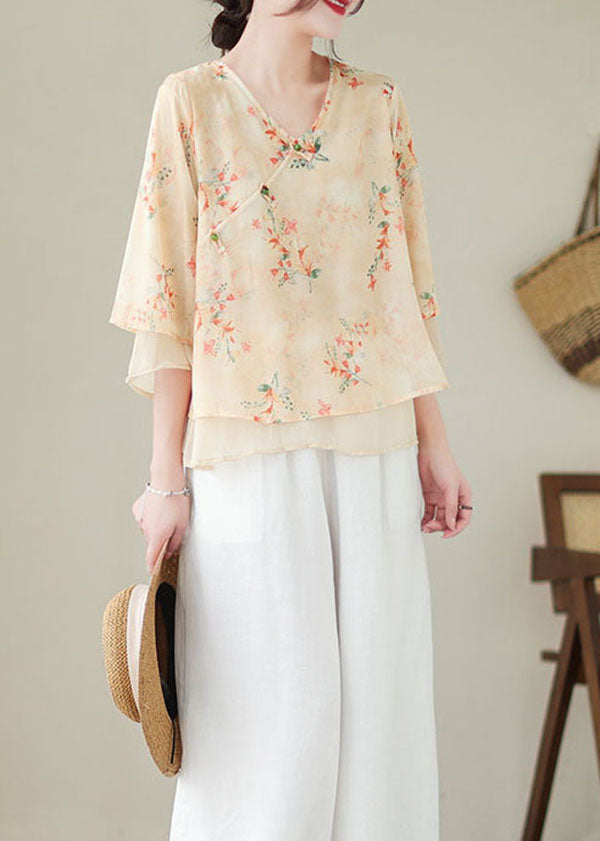 Apricot V Neck Print Patchwork Chiffon Shirt Top Summer