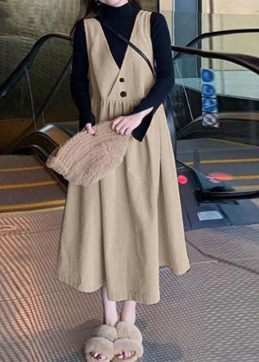 Apricot V Neck Wrinkled Patchwork Corduroy Dress Sleeveless