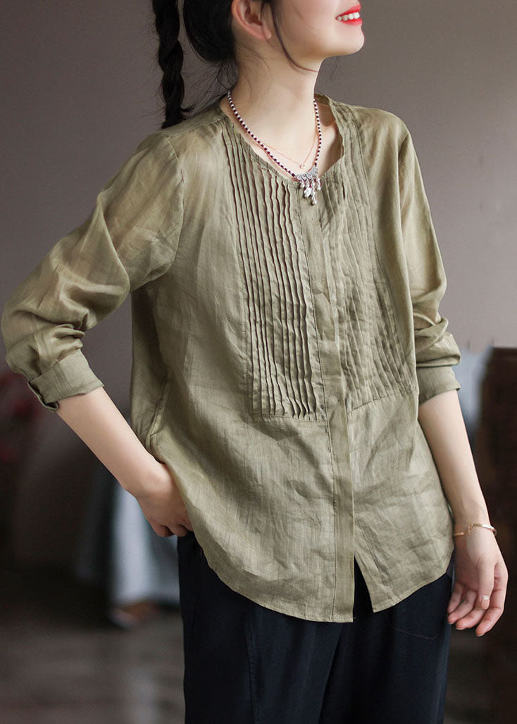 Army Green Wrinkled Patchwork Linen Shirt Top Spring