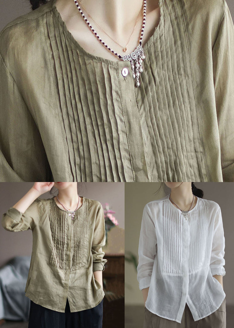 Army Green Wrinkled Patchwork Linen Shirt Top Spring